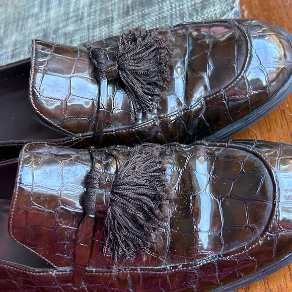 Stuart Weitzman Tassel LoafersWomen’s 7.5 BrownCroc Embossed Leather Block Heel - Picture 16 of 17